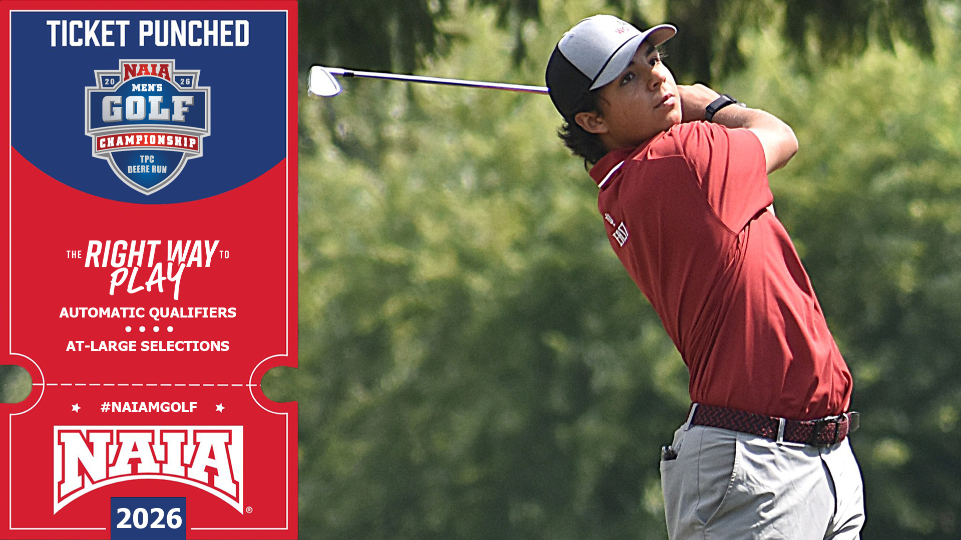 Graphic featuring a men's golfer from IU East. The text in the image is information on the NAIA golf championship. 